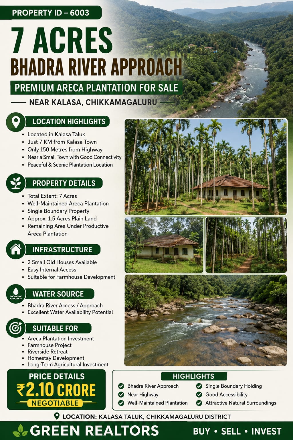 🆔 *PROPERTY ID – 6003 🌴🌿 *7 Acres Bhadra river approach Premium Areca Plantation for Sale – Near Kalasa, Chikkamagaluru*
